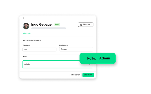 Mitarbeiterplattform UI zeigt Admin-Rolle, HR-Portal, Mitarbeiter App, Employee Experience Platform.