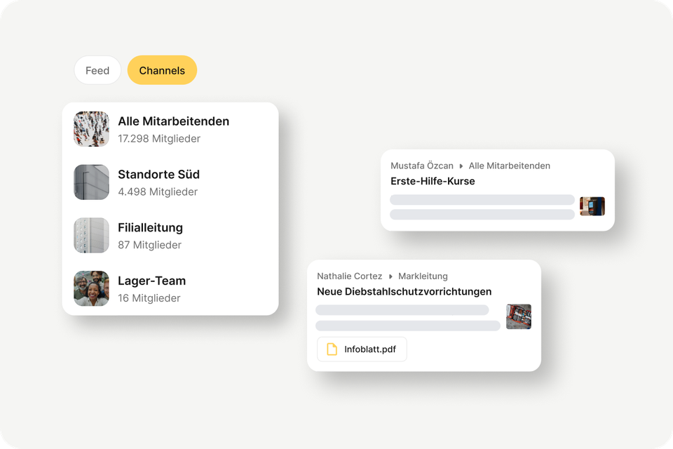 Mitarbeiterplattform UI mit Channels, HR-Portal, Employee App, Flip Flows, Employee Engagement.