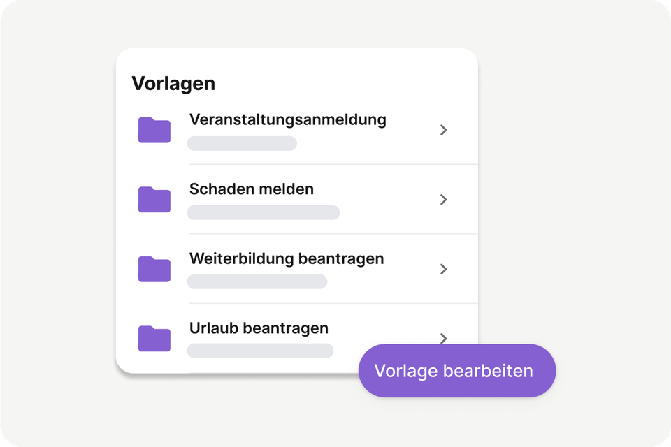Vorlagenliste in Mitarbeiterplattform: Veranstaltung, Schaden, Weiterbildung, Urlaub; Vorlage bearbeiten.