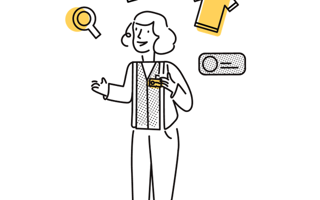 Illustration of a retail worker with icons: magnifying glass, shirt, barcode; employee experience.