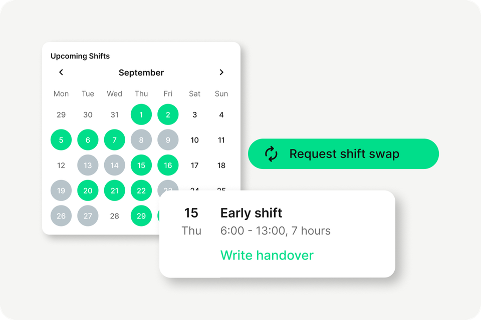 Shift management UI for Employee Experience Platform with Request shift swap and shift details.
