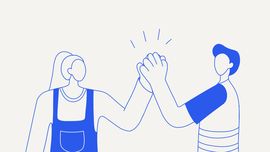 Minimalistische Illustration: Zwei Personen geben sich ein High-Five, Symbol für Teamwork und New Work.