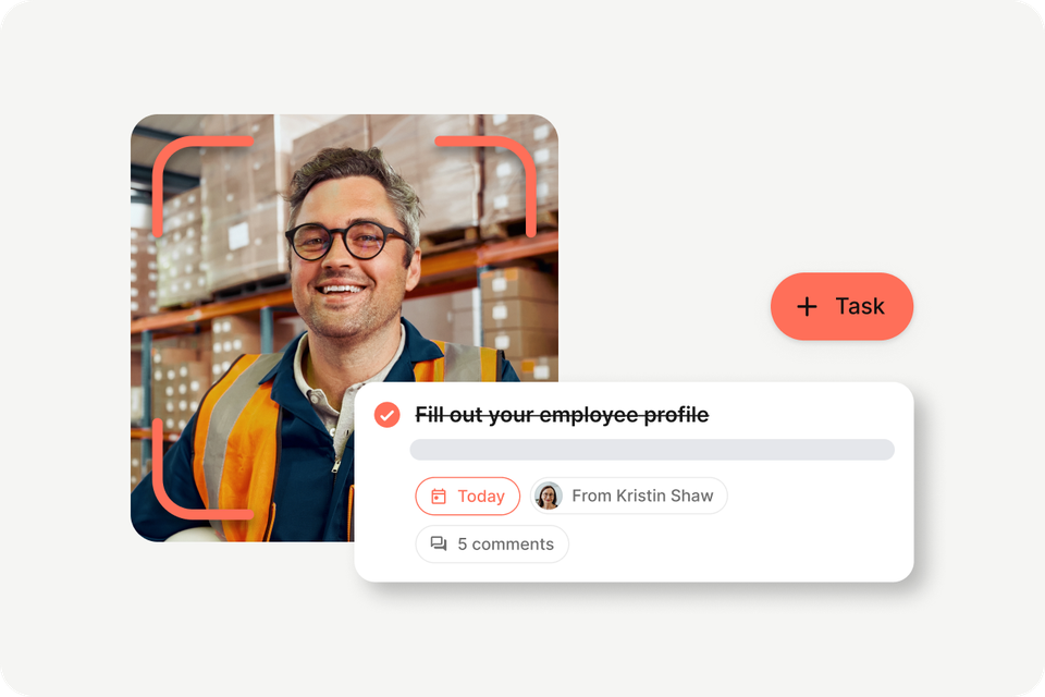 Logistics worker uses Employee App for task management; Fill out your employee profile shown.