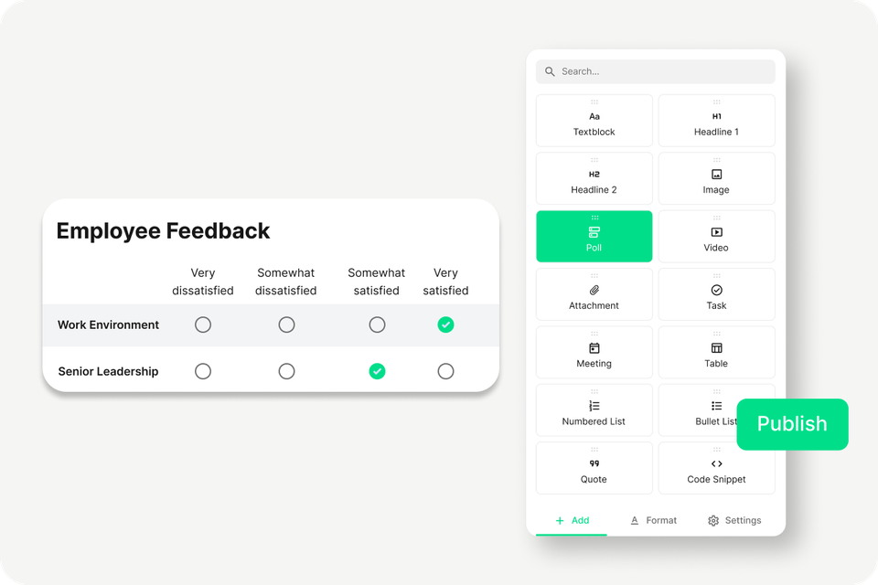 Employee Experience Platform UI with Employee Feedback poll, HR-Portal, Employee App, Publish button.