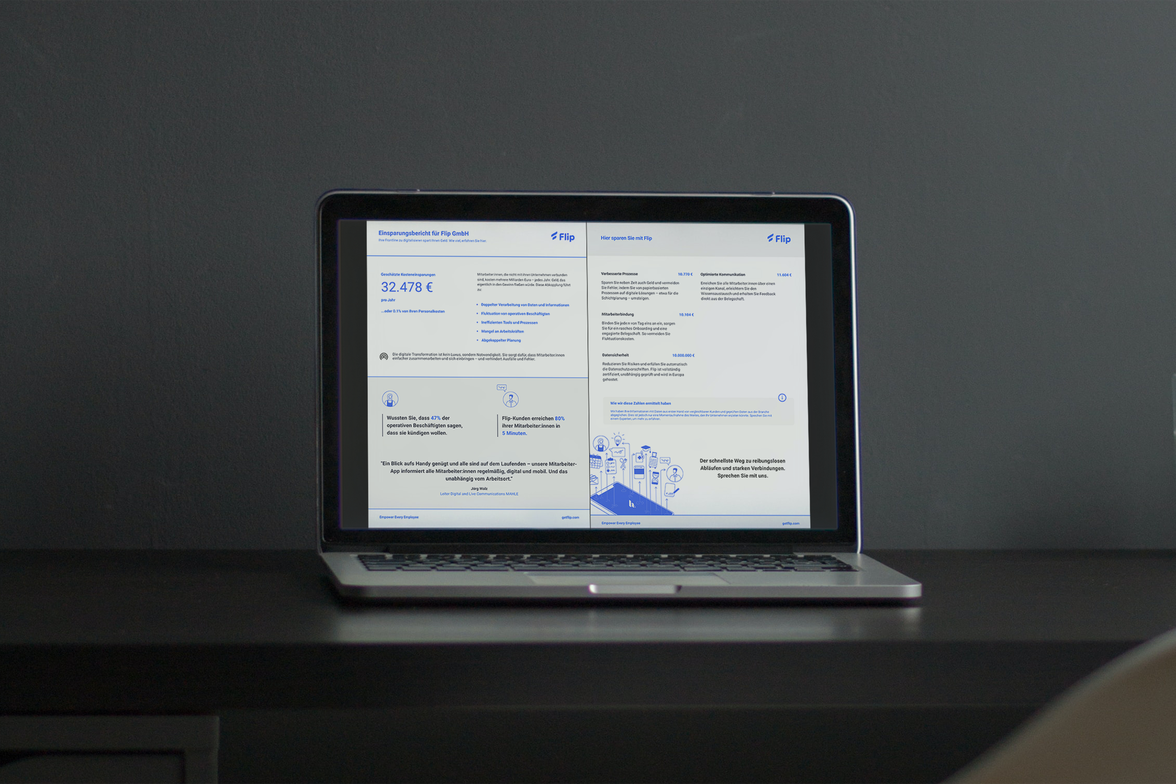 Laptop zeigt Flip Einsparungsrechner mit Mitarbeiterplattform, HR-Portal, Mitarbeiter App, Flip Intelligence.