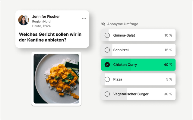 Umfrage in Mitarbeiterplattform: Welches Gericht sollen wir in der Kantine anbieten? Chicken Curry 40%.