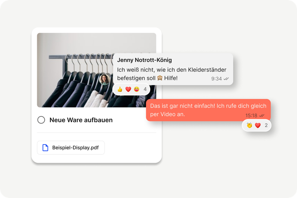 UI der Mitarbeiterplattform mit Chat zu Neue Ware aufbauen, Flip Flows, Mitarbeiter App, HR-Portal.