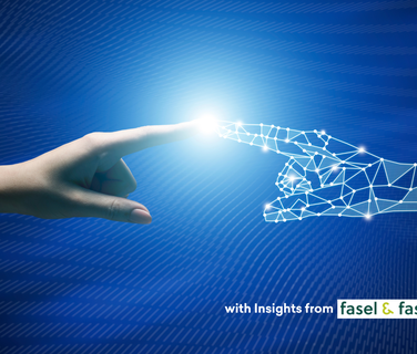 Human hand touches digital AI hand on blue background, text: with Insights from fasel & fasel.