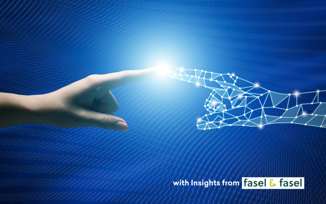 Human hand touches digital AI hand on blue background, text: with Insights from fasel & fasel.