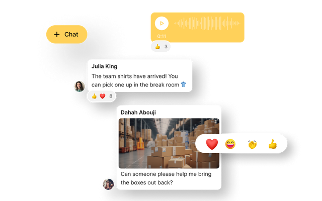 B2B-SaaS Employee App chat UI with messages, reactions, voice note; empowers frontline teams.