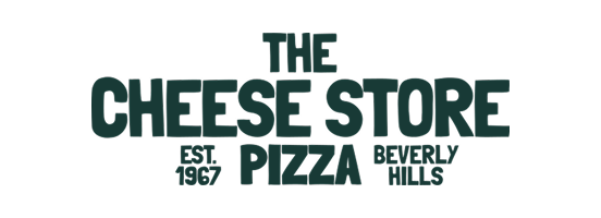 Text logo for "The Cheese Store Pizza" with "Est. 1967" and "Beverly Hills" in dark green.
