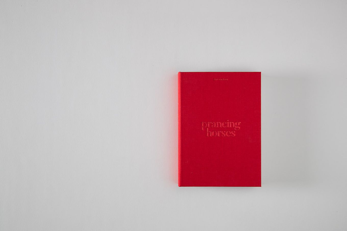 A red book titled "prancing horses" lies on a light gray surface.