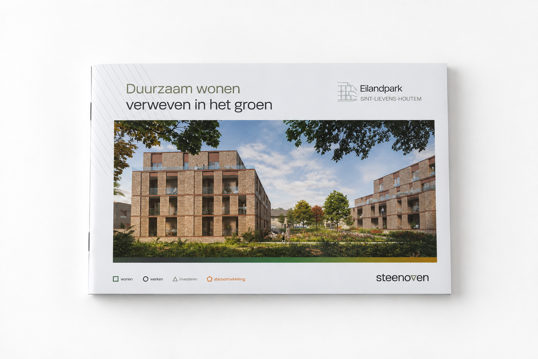 A brochure titled "Duurzaam wonen verweven in het groen" featuring modern, eco-friendly apartment buildings surrounded by greenery, with the logo "Eilandpark Sint-Lievens-Houtem".