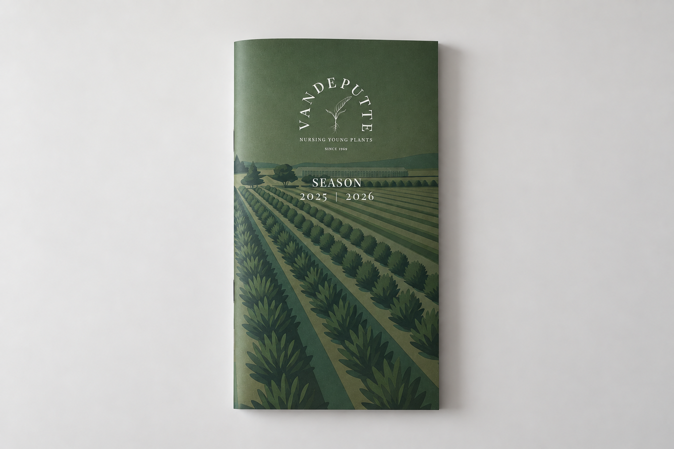 Green brochure with illustration of a farm, logo "Vandeputte Nursing Young Plants", and the text "Season 2025-2026".