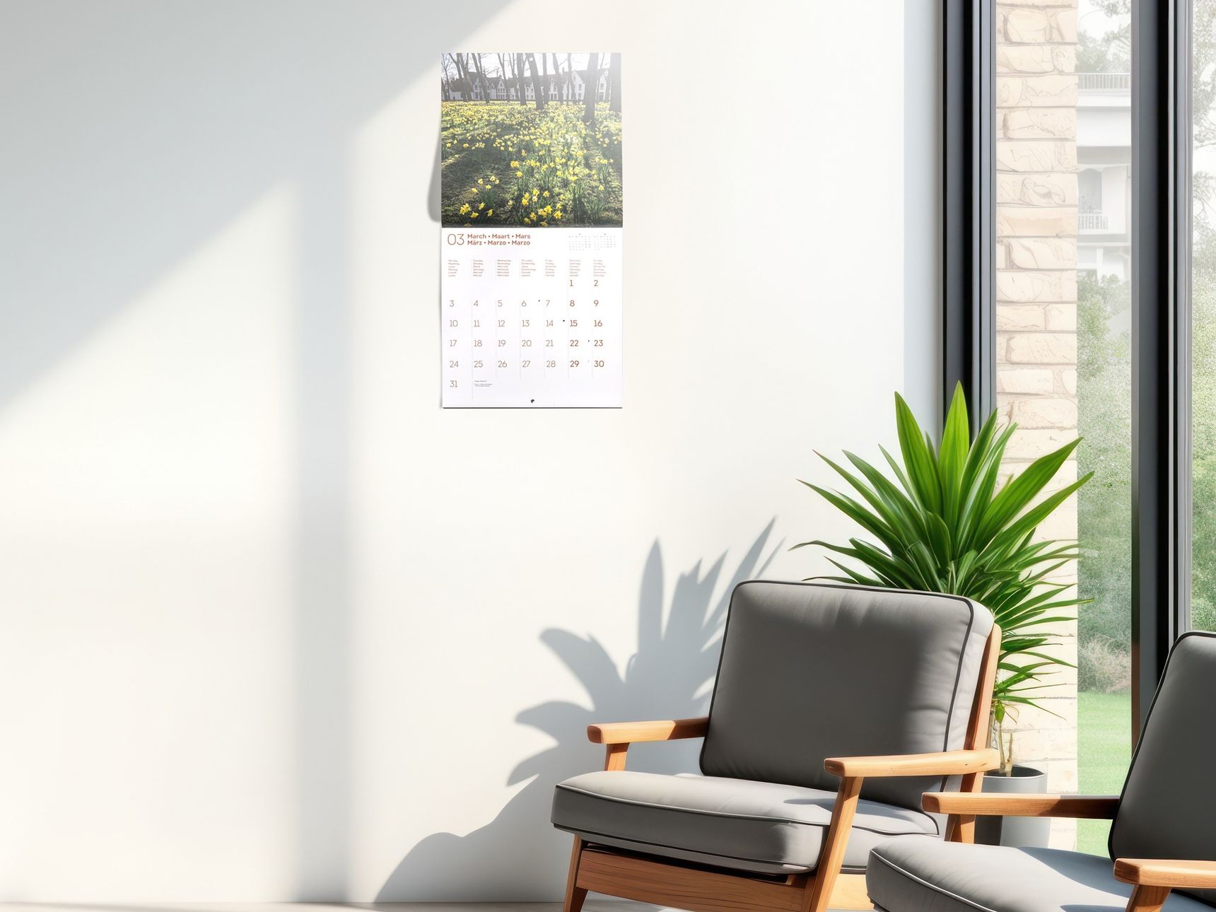 Minimalist room with two gray armchairs, a wall calendar, and a potted plant by a large window. Sunlight casts shadows on the floor.