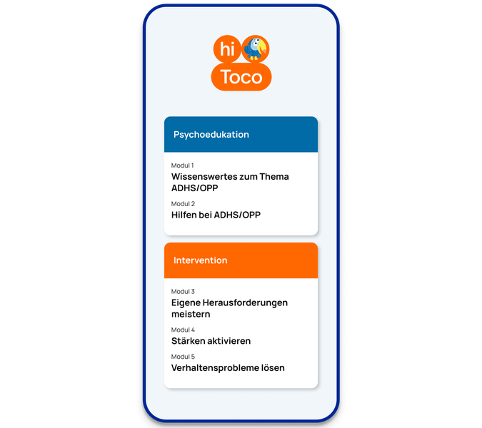 Screenshot der hiToco-App, der verschiedene Module zeigt.