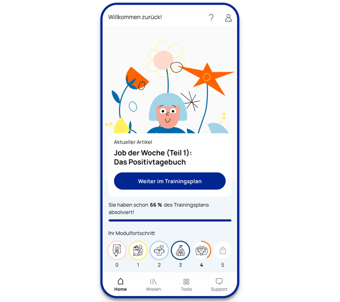 Startbildschirm des Trainingsplans in der hiToco-App mit Übersicht der Trainingseinheiten und dem Artikel ‚Job der Woche‘