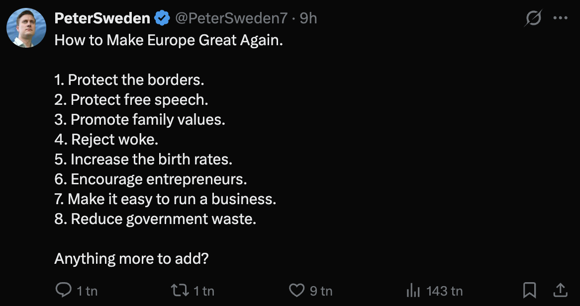 Musk och PeterSweden sammanfattar Europas kris i två tweets