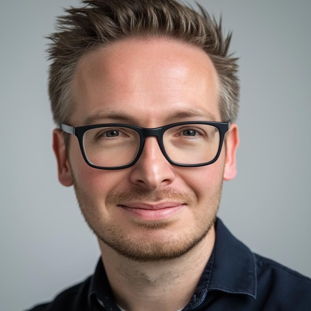 Man with short hair, wearing black glasses and a dark shirt, smiling softly against a plain background.