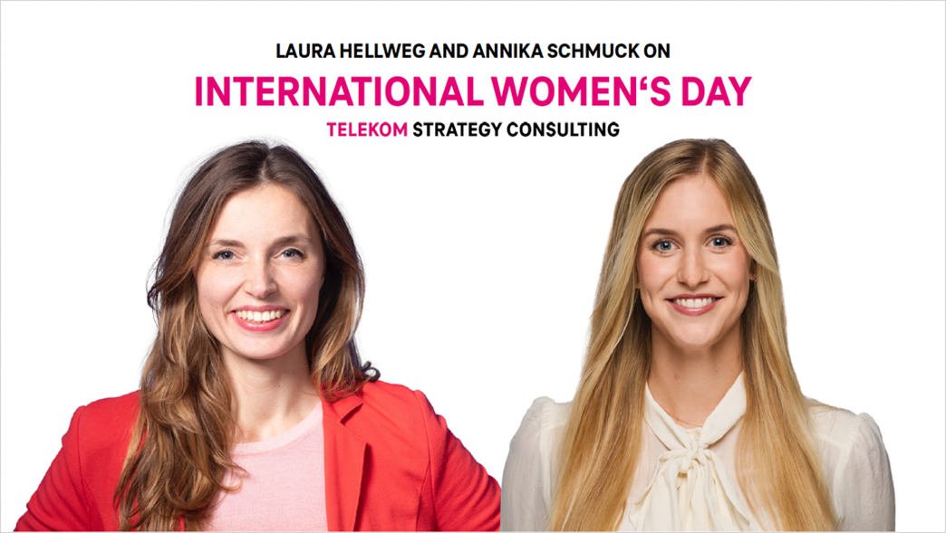 Two smiling women against a white background with text about International Women's Day and Telekom Strategy Consulting.