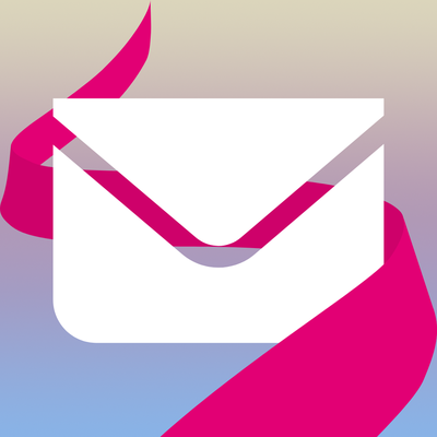 White envelope on a gradient background with a pink ribbon swirling around it.