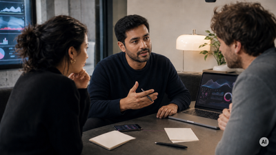 Three people at a table engaged in discussion, with a laptop displaying data charts and graphs. Two notebooks and a phone are on the table.
