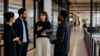 Four people engage in a discussion in a modern office hallway, holding digital tablets and phones, with desks visible in the background.