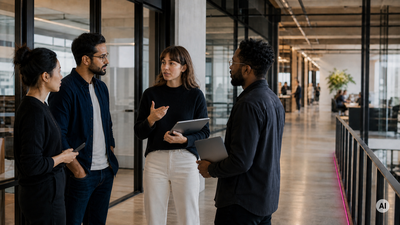Four colleagues having a discussion in a modern office corridor, holding tablets and notepads, with desks and plants visible in the background.