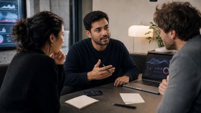 Three people discussing in a modern office, one holding a pen. A laptop with graphs is on the table, surrounded by notes and a phone.