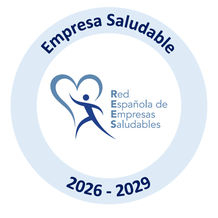Logo of "Empresa Saludable 2026-2029," featuring a person embracing a heart and the text "Red Española de Empresas Saludables."