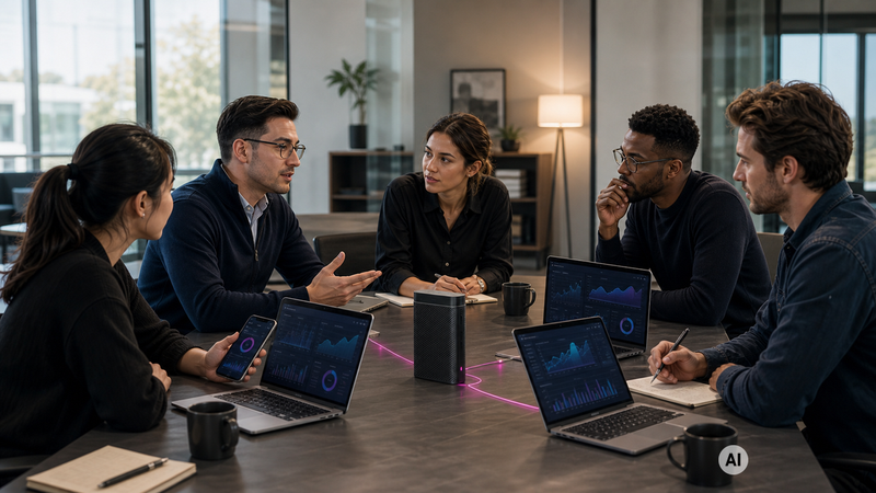 Five people engaged in a meeting around a table with laptops displaying graphs, discussing ideas in a modern office setting.