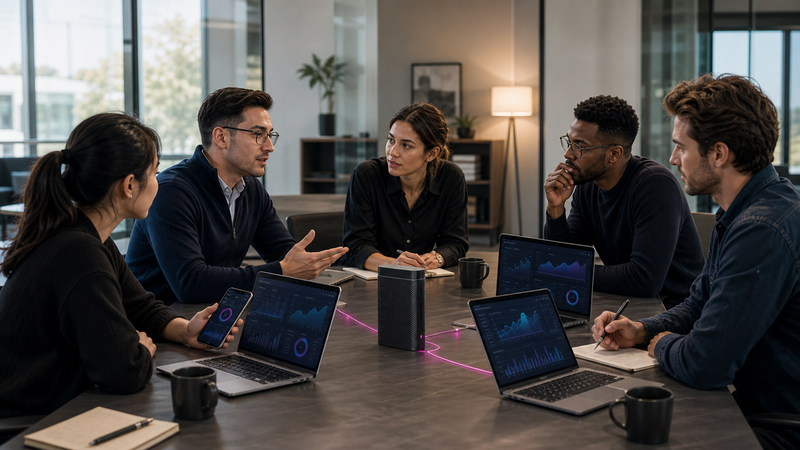 A group of five people in a modern office setting are engaged in a discussion around a table with laptops displaying data graphs.