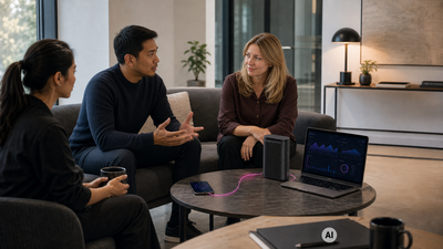 Three people sit on a couch discussing with a laptop showing graphs on a coffee table. A phone is connected to a speaker with a pink cable.