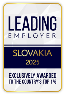 Plaque reading "Leading Employer Slovakia 2025, Exclusively Awarded to the Country's Top 1%," in blue and gold text.