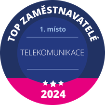 Circular badge with "Top Zaměstnavatelé" text, indicating first place in telecommunications for 2024, featuring three stars.