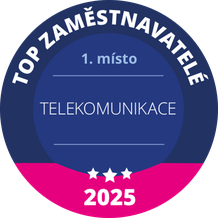 Circular badge with "Top Zaměstnavatelé," "1. místo," "Telekomunikace," and "2025" text. Features three stars at the bottom.
