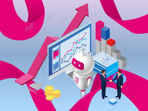 A robot, two men shaking hands, and financial charts symbolize business growth and technology integration.