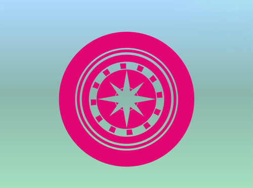 A pink circular emblem with a star and concentric rings on a gradient blue-green background.