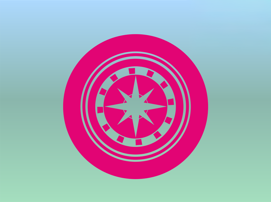 A pink circular emblem with a star and concentric rings on a gradient blue-green background.