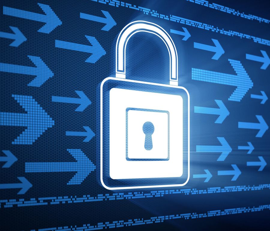 Glowing digital padlock on a blue background with arrows, symbolizing cybersecurity and data protection.