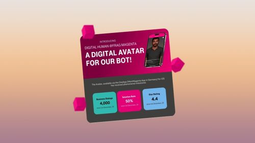 Promotional graphic for a digital avatar bot, featuring performance statistics and a magenta-themed design with floating cubes.