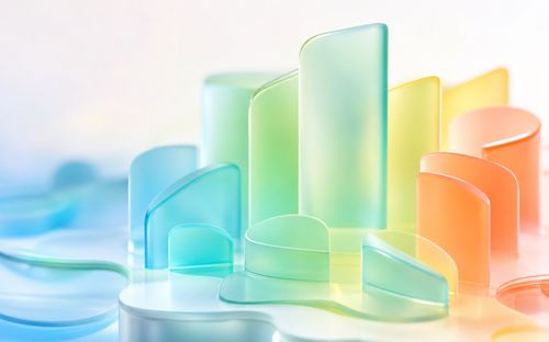 Colorful, translucent, curved glass-like structures in pastel hues of blue, green, yellow, and orange, creating an abstract pattern against a soft background.