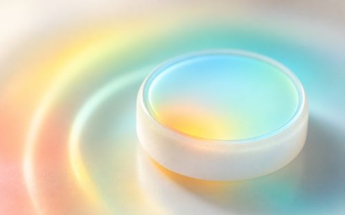 A circular glass prism casting a spectrum of colors including blue, yellow, and red on a softly lit surface.