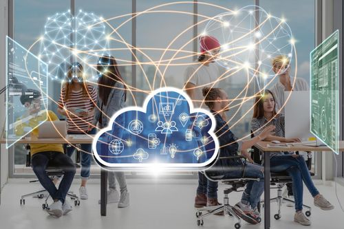Team collaborating in an office with digital cloud icons and neural connections overlay, symbolizing data sharing and connectivity.