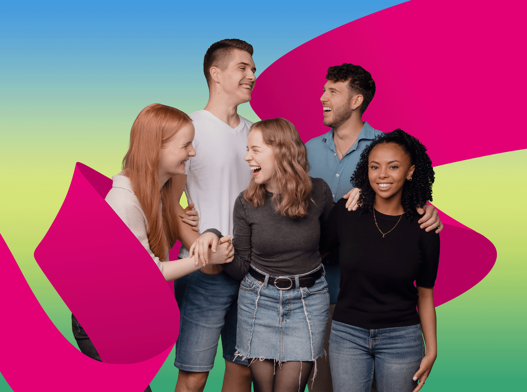Five people laughing together, standing closely, with a colorful gradient background and magenta ribbon-like shapes.