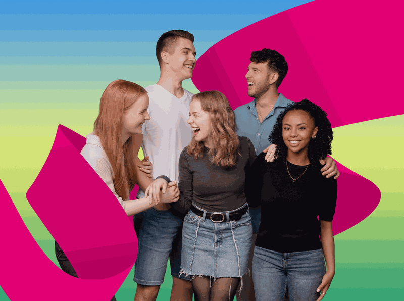 Five people laughing together, standing closely, with a colorful gradient background and magenta ribbon-like shapes.