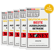 Five Deutschland Test awards for "Best Training Companies," featuring Deutsche Telekom, with a yellow ribbon noting "5 years in a row."