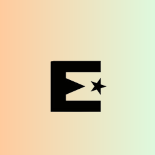 A black letter "E" with a star inside, set against a gradient background transitioning from peach to mint green.