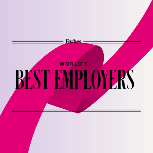 Forbes World's Best Employers text over a pink ribbon on a light gradient background.