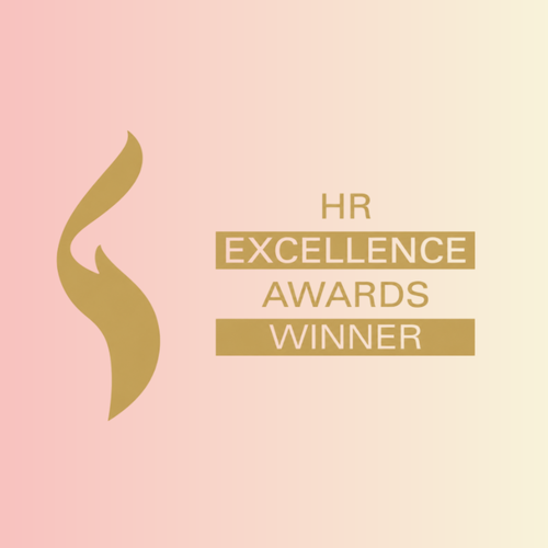 Gold flame symbol with text: "HR Excellence Awards Winner" on a gradient pink background.